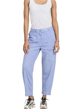 Zara NWT Linen Blend Barrel Leg Cropped Pants in Blue & White Wash Size Medium